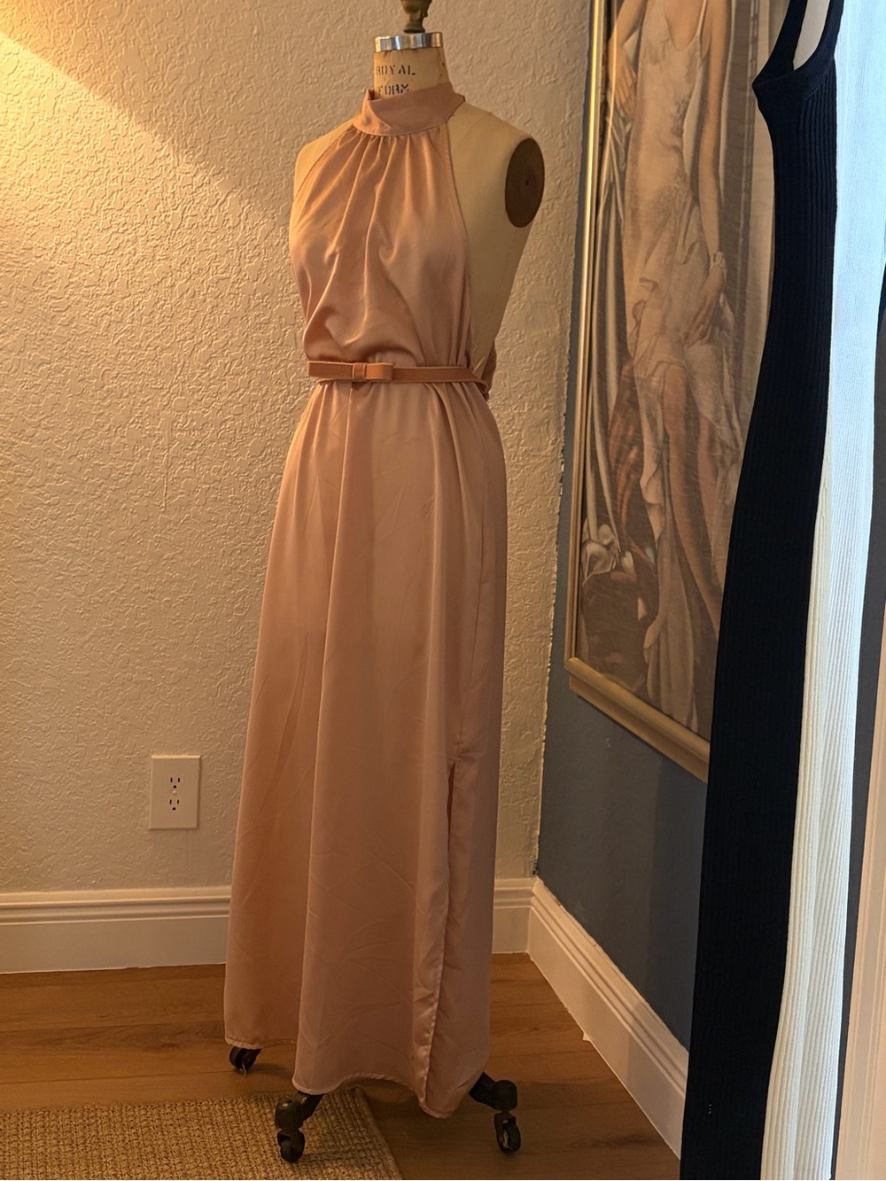 High-Neck Maxi Dress in Blush with Waist Tie